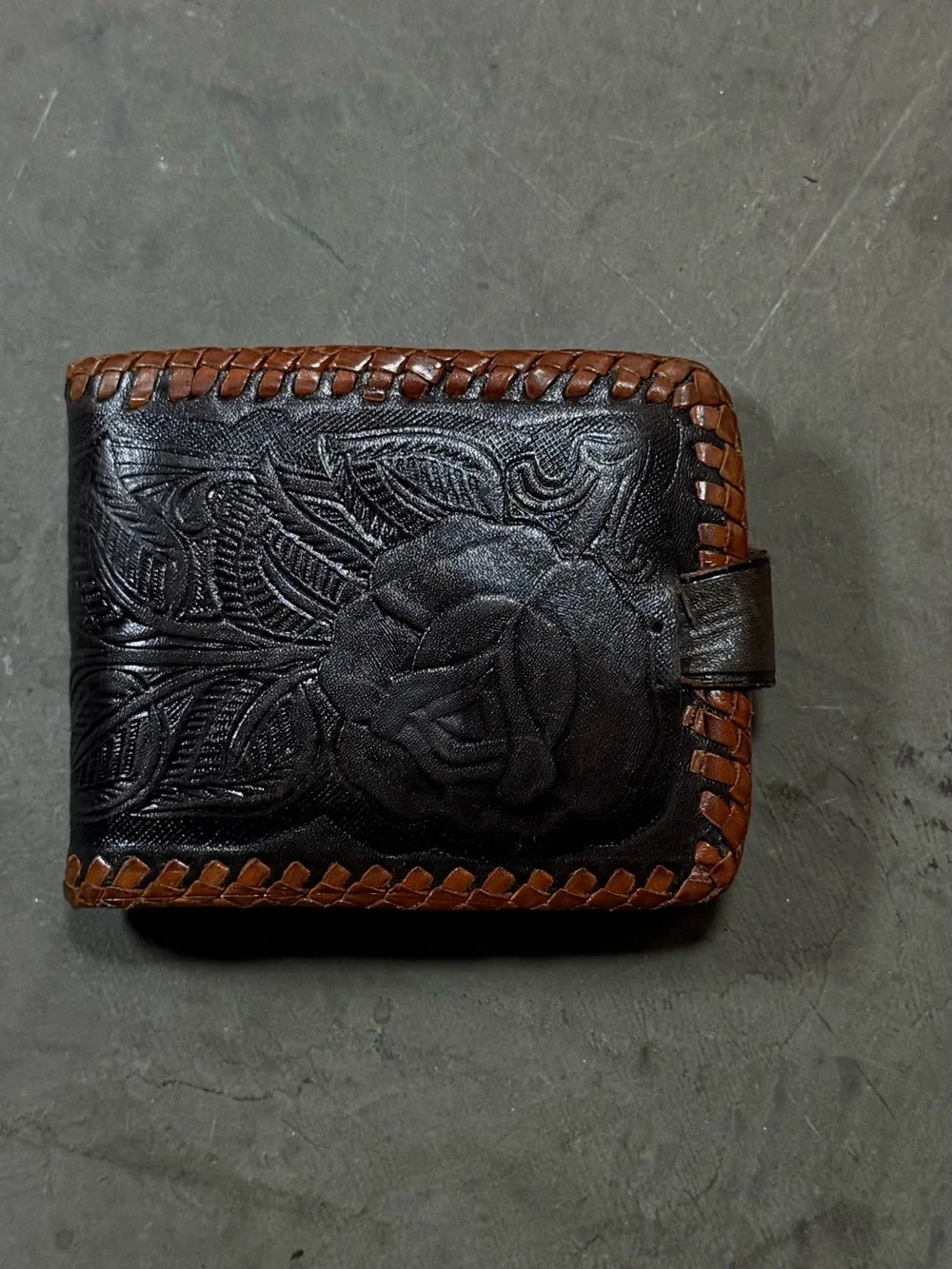 Vintage Hand Tooled Leather Bifold Wallet Floral Rose Brown Western Snap